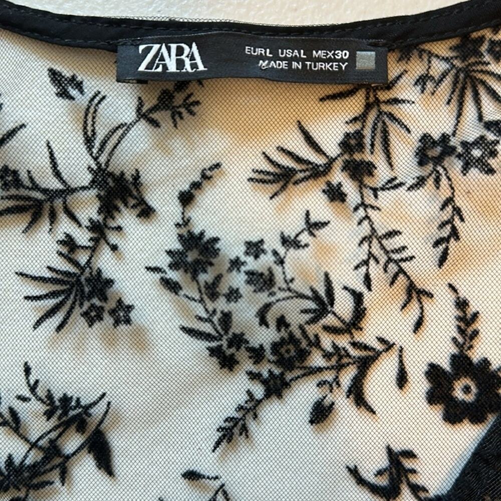 Zara Floral Tulle Ruffle Trim Blouse Top Black Sheer Velvet Lace Whimsigoth Sz L - Picture 10 of 13